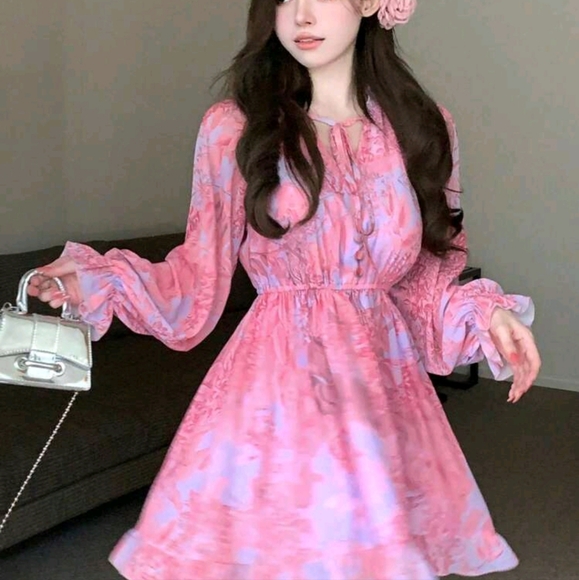 Ladies' Full Print Chiffon Long Sleeve Dress - Picture 5 of 5